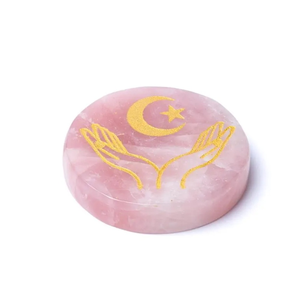 Disque minéral gravé  quartz rose mains, lune et étoile -- ±5cm