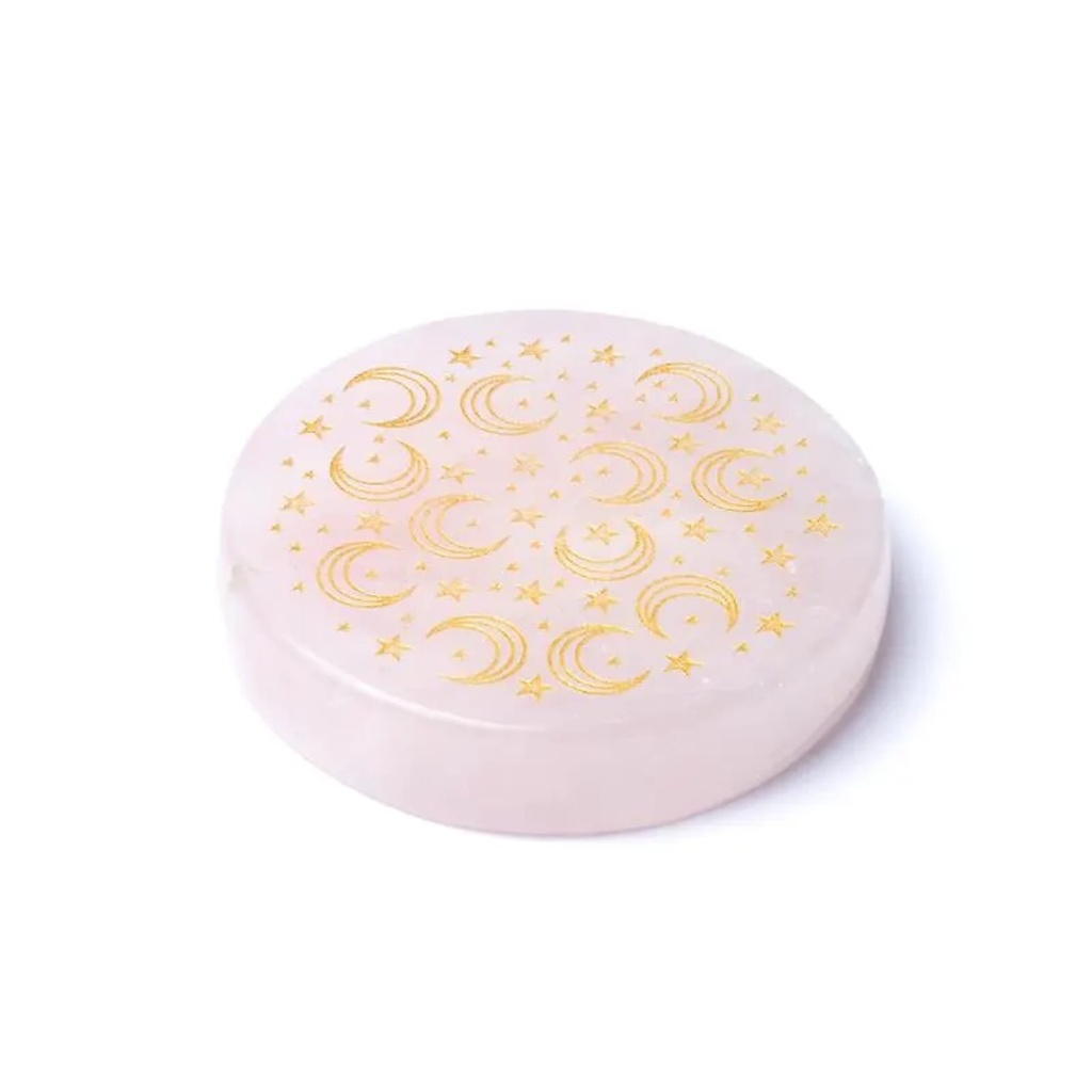 Disque minéral gravé quartz rose lunes et étoiles -- ±5cm