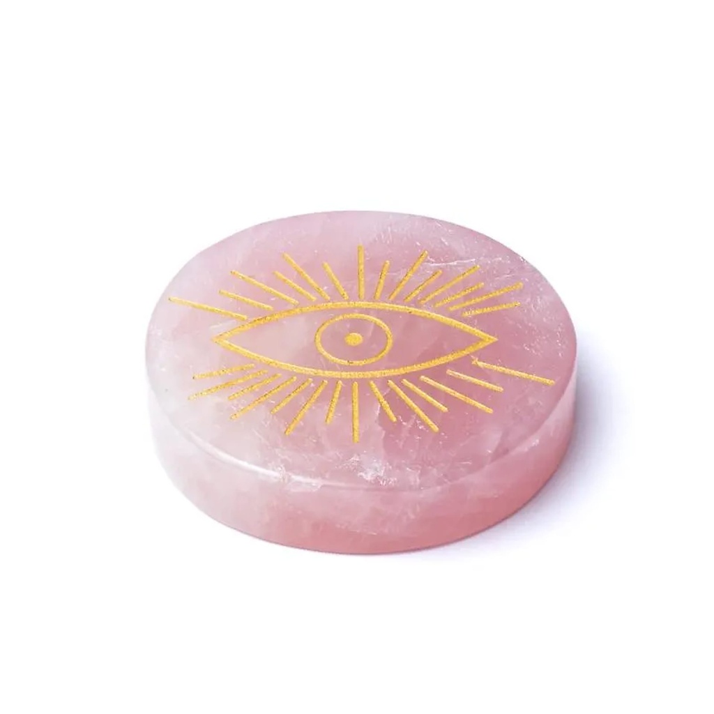 Disque minéral gravé en quartz rose œil qui voit tout -- ±5 cm
