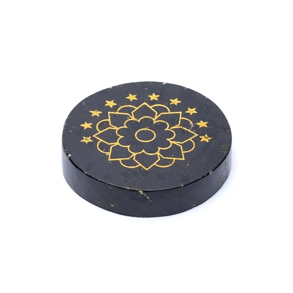 Disque minéral gravé tourmaline noire lotus -- ±5cm