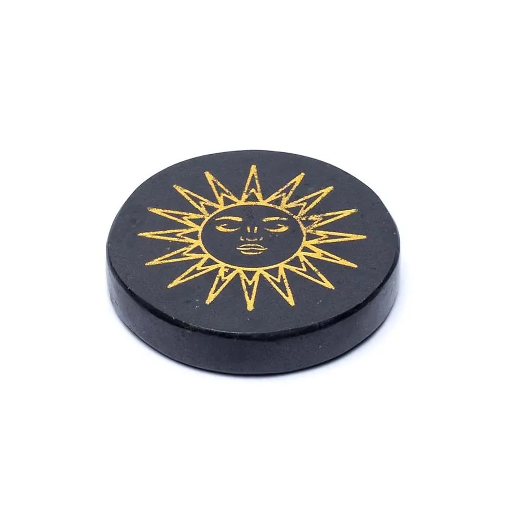 Disque minéral gravé tourmaline noire Soleil -- ±5cm