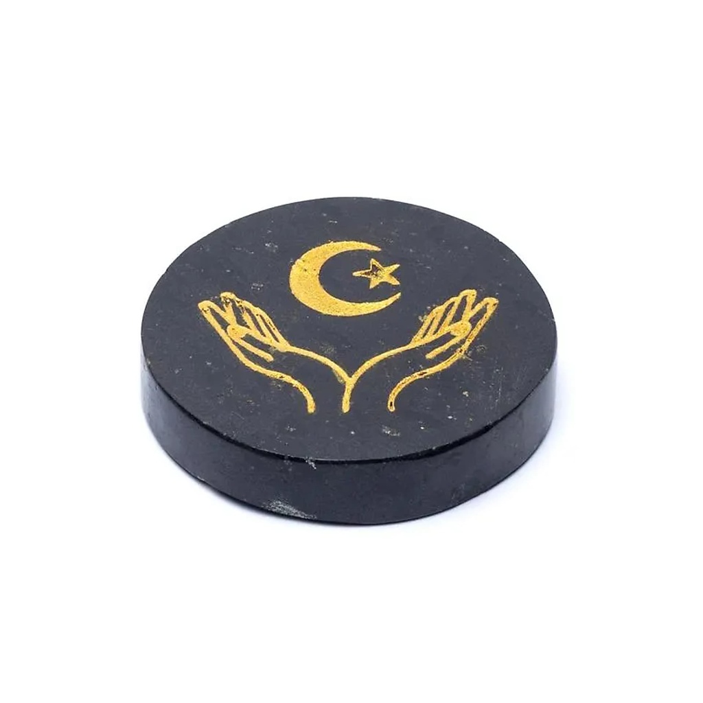 Disque minéral gravé tourmaline noire mains, lune et étoile -- ±5cm