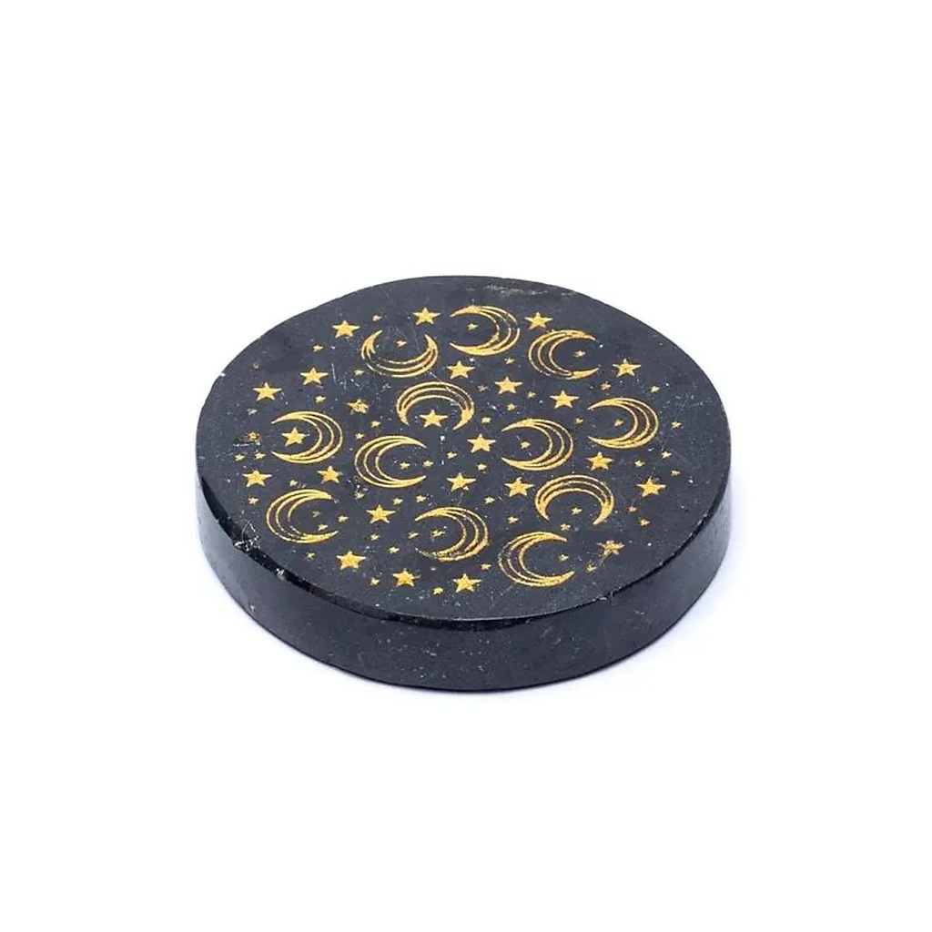 Disque minéral gravé tourmaline noire lunes et étoiles -- ±5cm