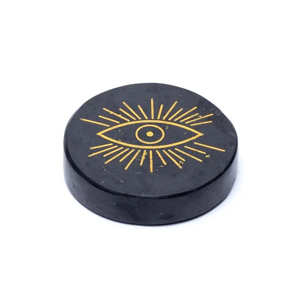 Disque minéral gravé tourmaline noire oeil qui voit tout -- ±5cm