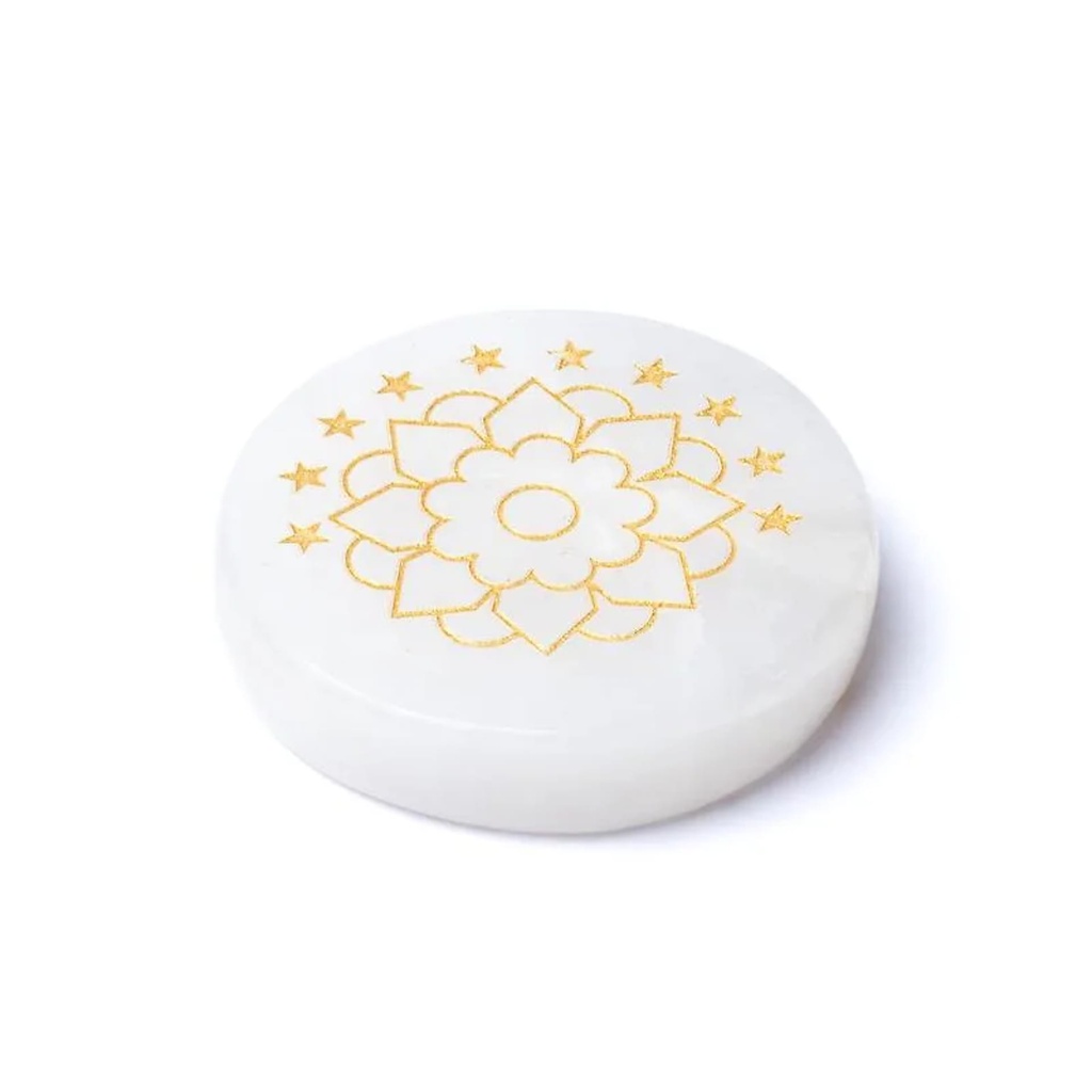 Disque minéral gravé en cristal de roche lotus -- ±5cm