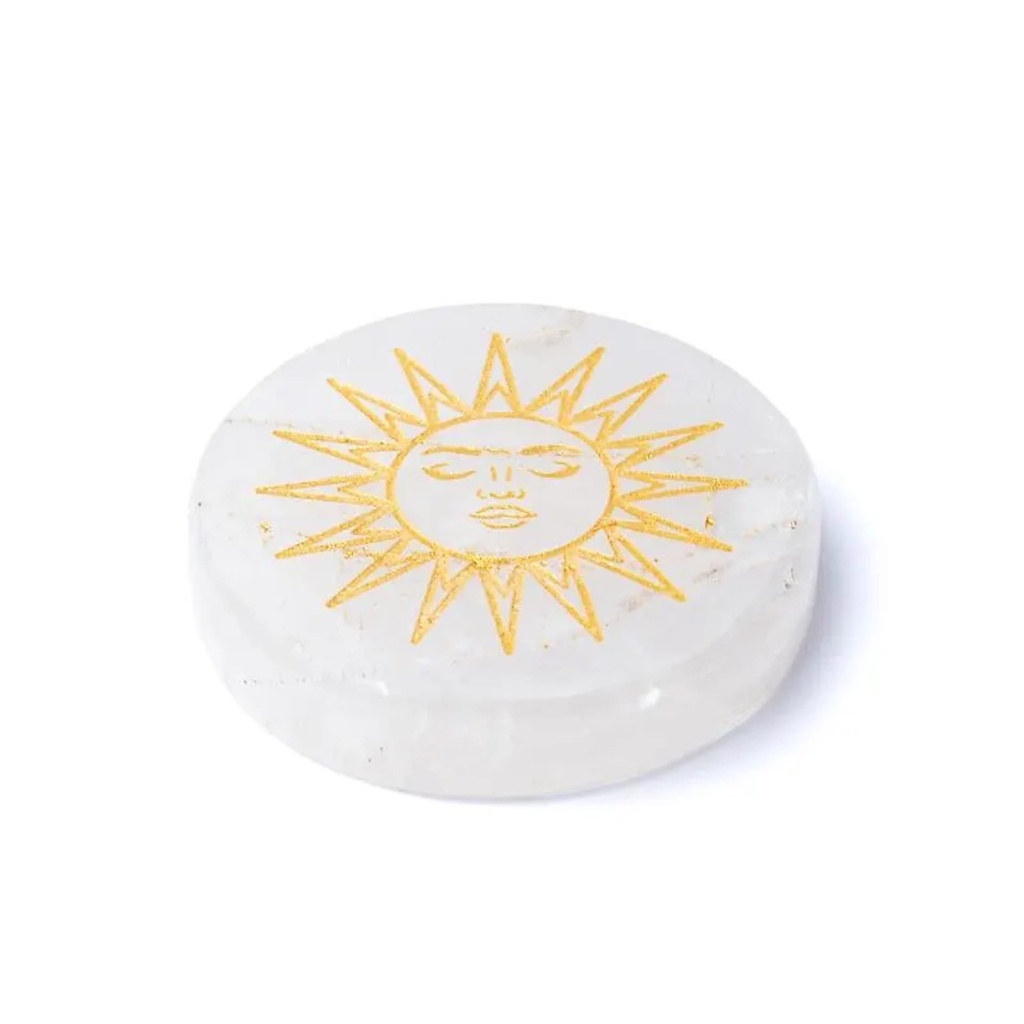 Disque minéral gravé cristal de roche soleil -- ±5cm
