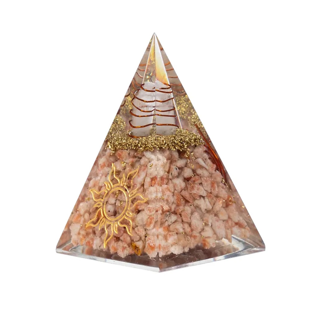 Pyramide orgonite en pierre du soleil et symbole solaire -- 6x6x8,5cm
