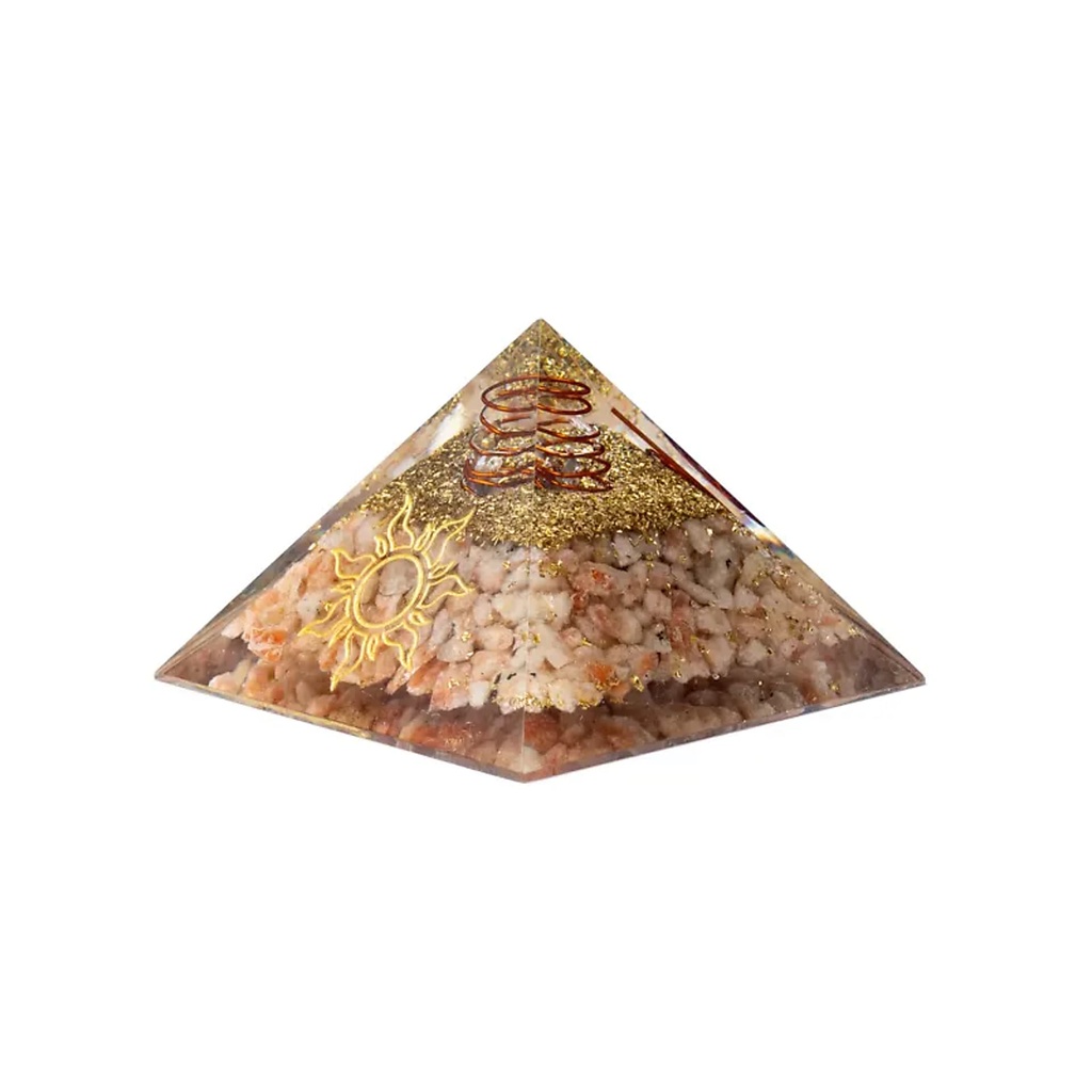 Pyramide d'orgonite pierre du soleil et symbole solaire -- 7,5x7,5x5cm
