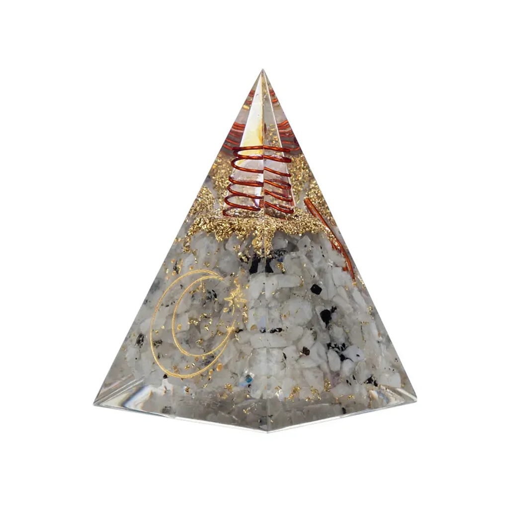 Pyramide orgonite en pierre de lune avec symbole de la lune -- 6x6x8,5cm