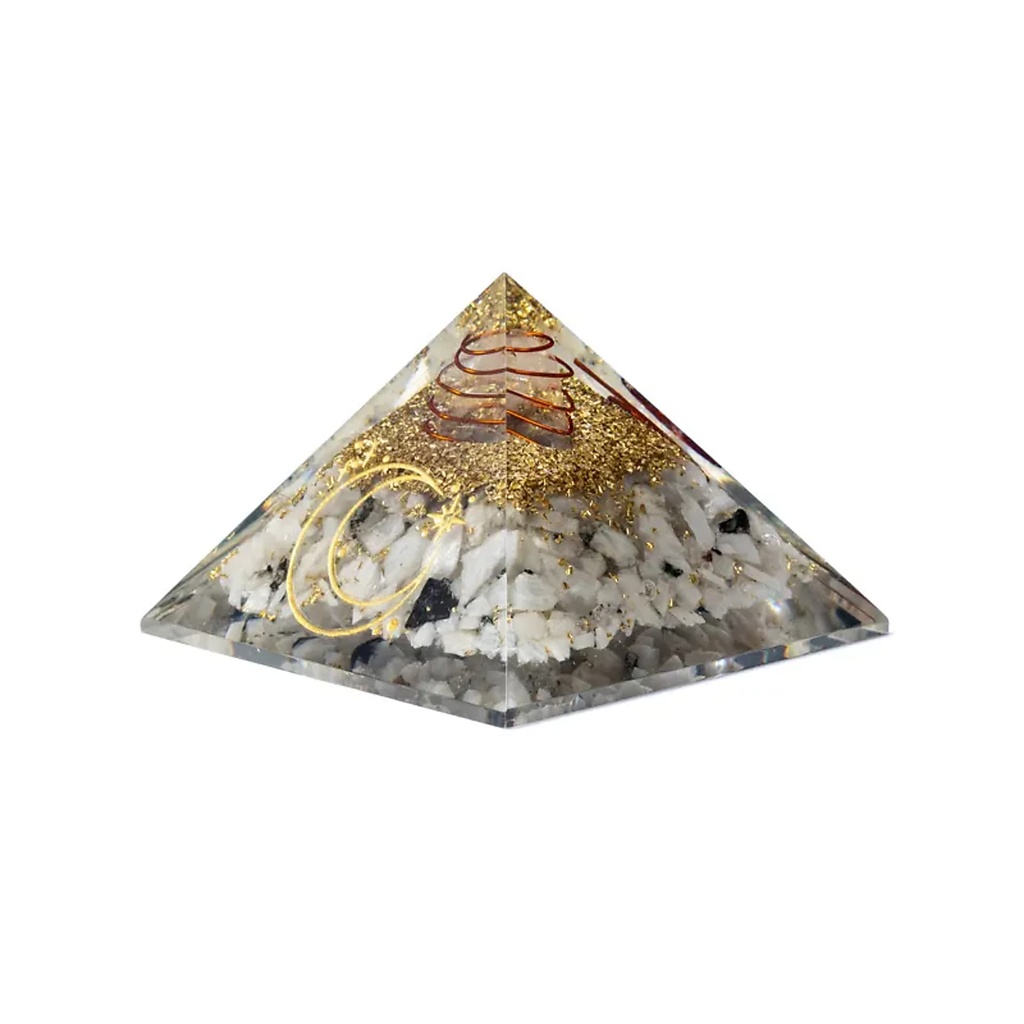 Pyramide d'orgonite en pierre de lune et symbole lunaire --7,5x7,5x5cm