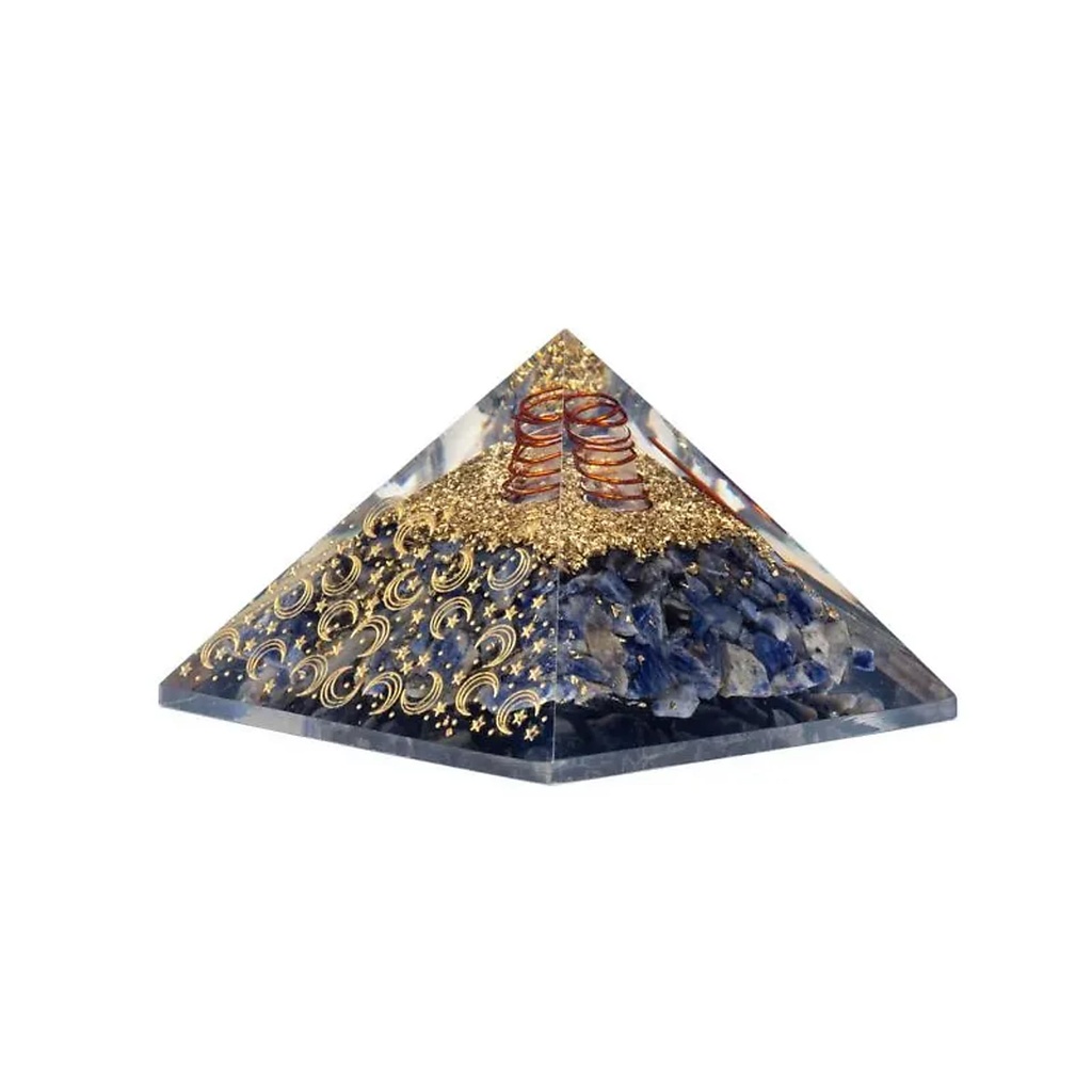 Pyramide d'orgonite sodalite avec lune et étoiles -- 7,5x7,5x5cm