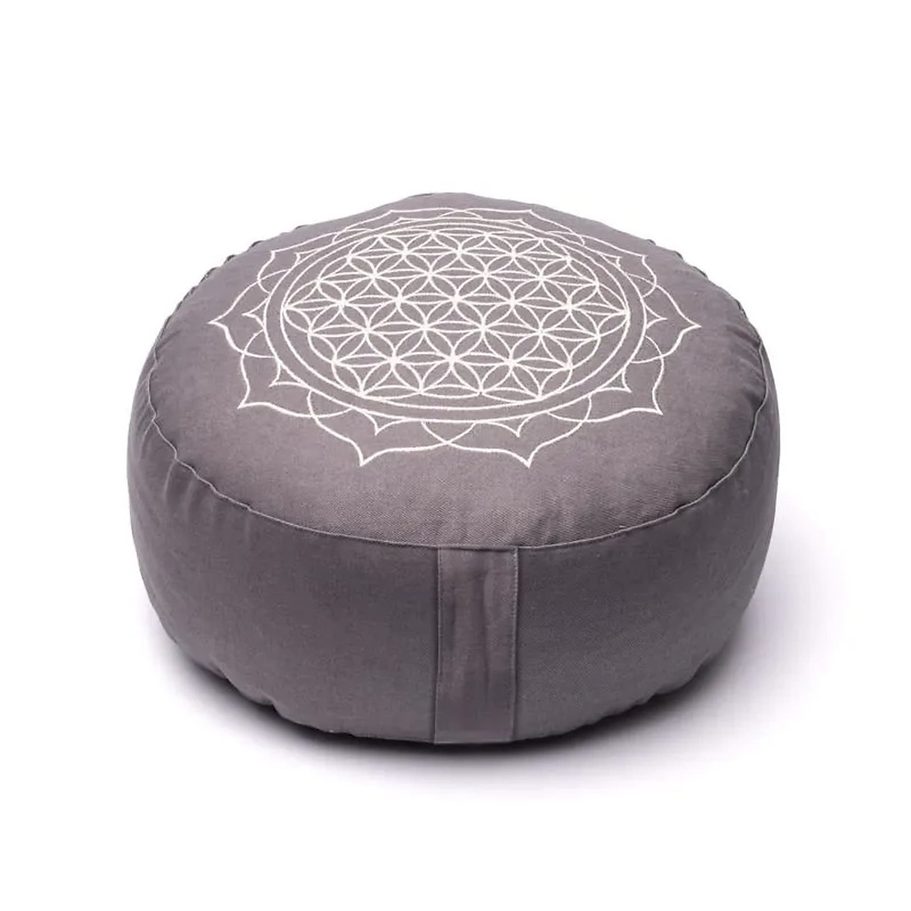 Coussin de méditation Fleur de vie mandala gris coton bio (OCS) -- 33x17 cm ; 2100g