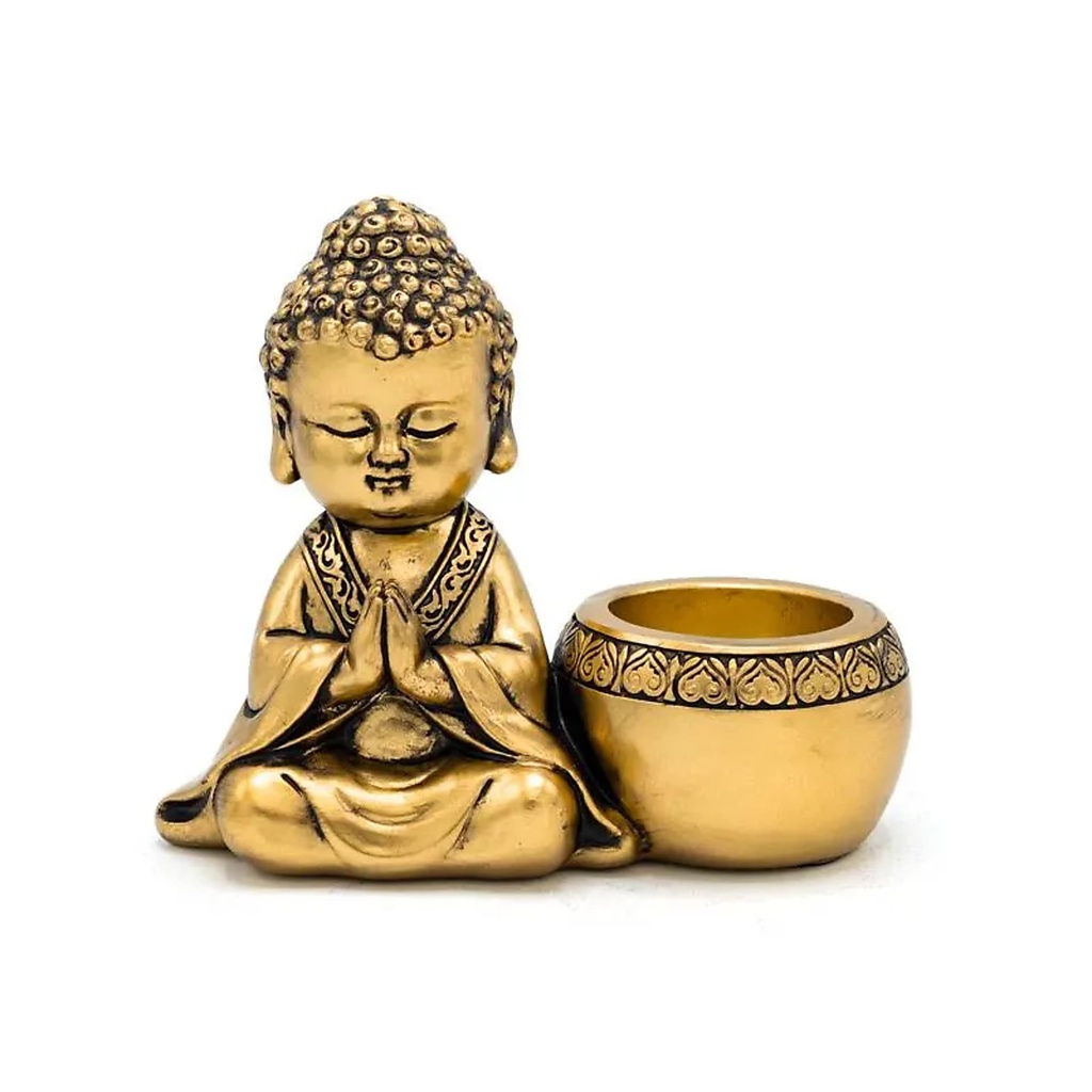 [8721139298374] Photophore bouddha priant gauche couleur or -- 13x6.3x11 cm
