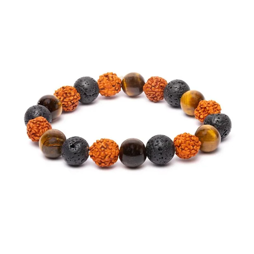 Bracelet en rudraksha, œil de tigre et pierre de lave -- 10 mm