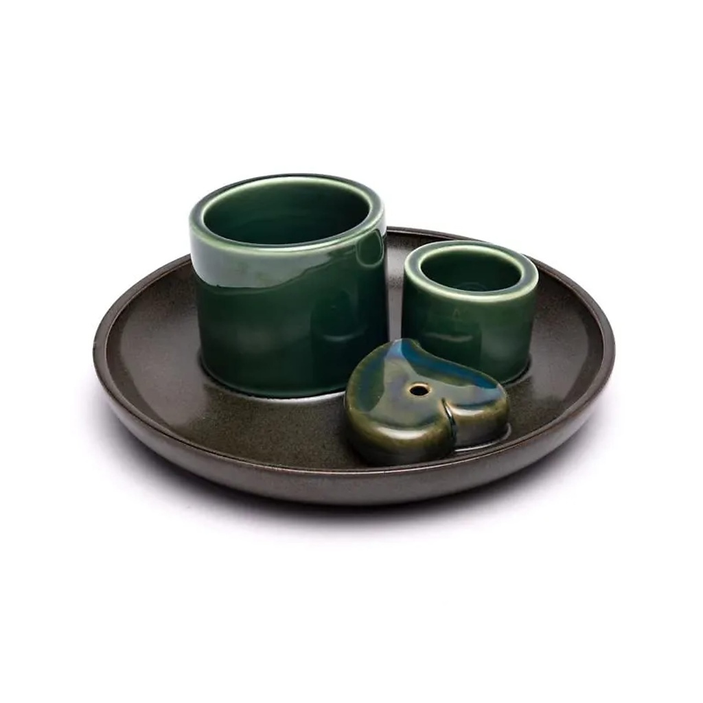 Brûleur en céramique Palo Santo, smudge et encens cœur pétrole/marron -- 14x6 cm