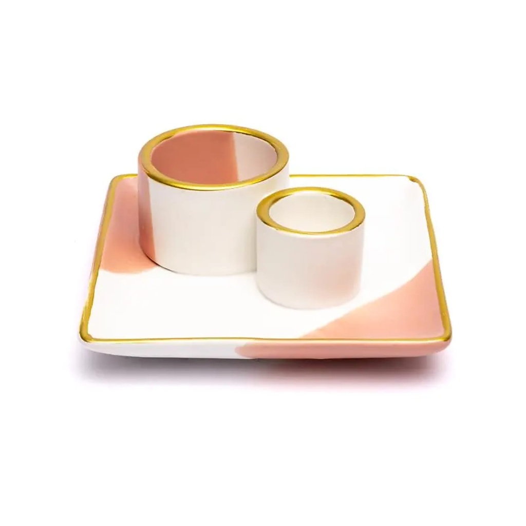 Brûleur en céramique smudge et Palo Santo fleur rose/blanc/or -- 11.5x11.5x5 cm