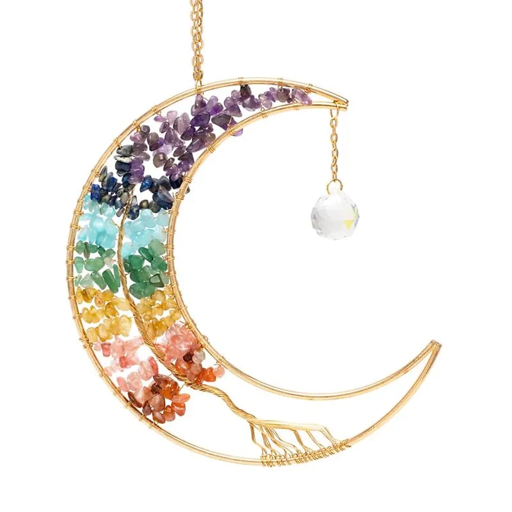 Attrape-soleil lune avec arbre de vie et pierres de chakra -- 28.5x16.5 cm