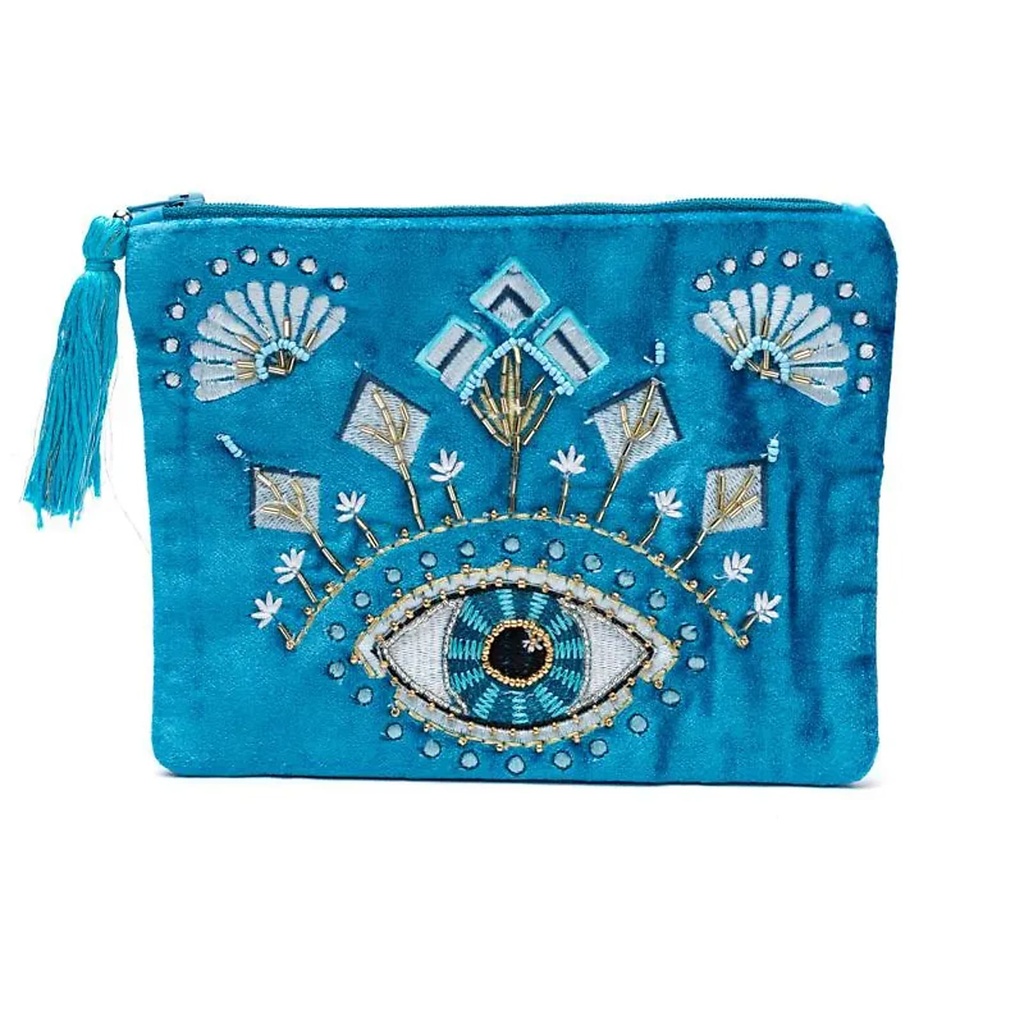 Pochette zippée en velours bleu avec Œil de la Providence -- 20x15 cm