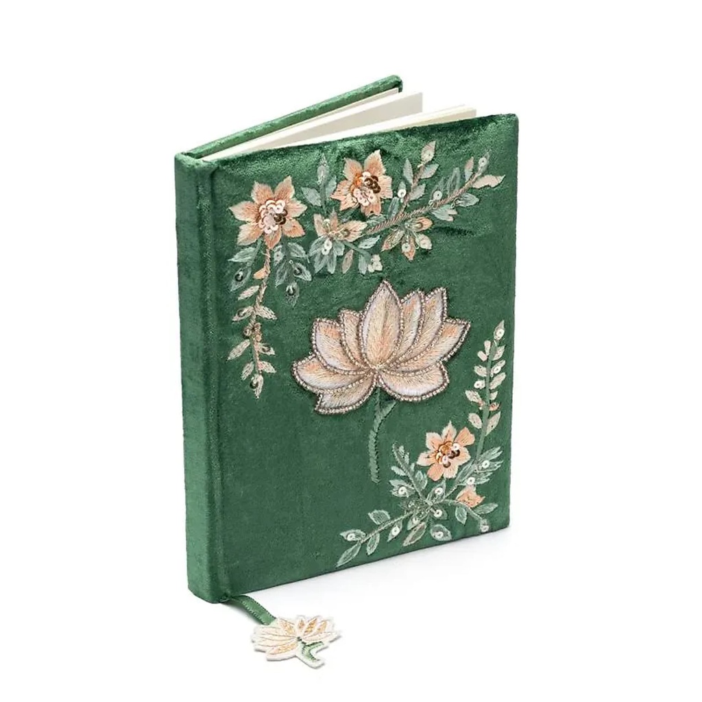 Carnet velours vert avec lotus -- 20x15 cm