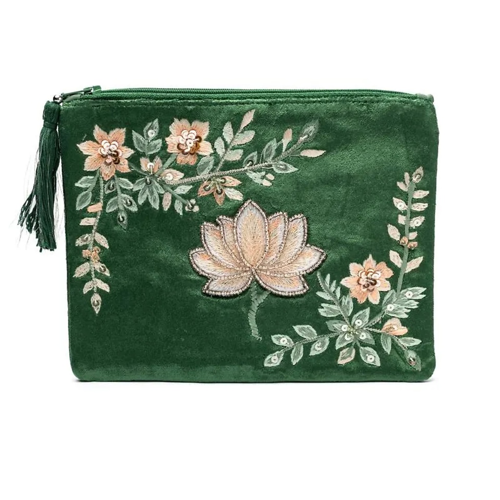 Pochette zippée en velours vert avec lotus -- 20x15 cm
