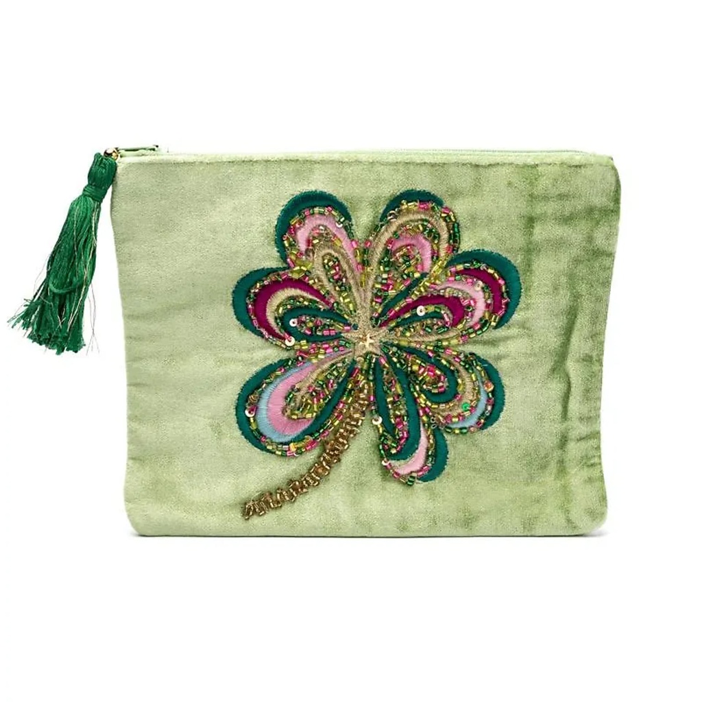 Pochette zippée en velours vert avec trèfle à quatre feuilles -- 20x15 cm