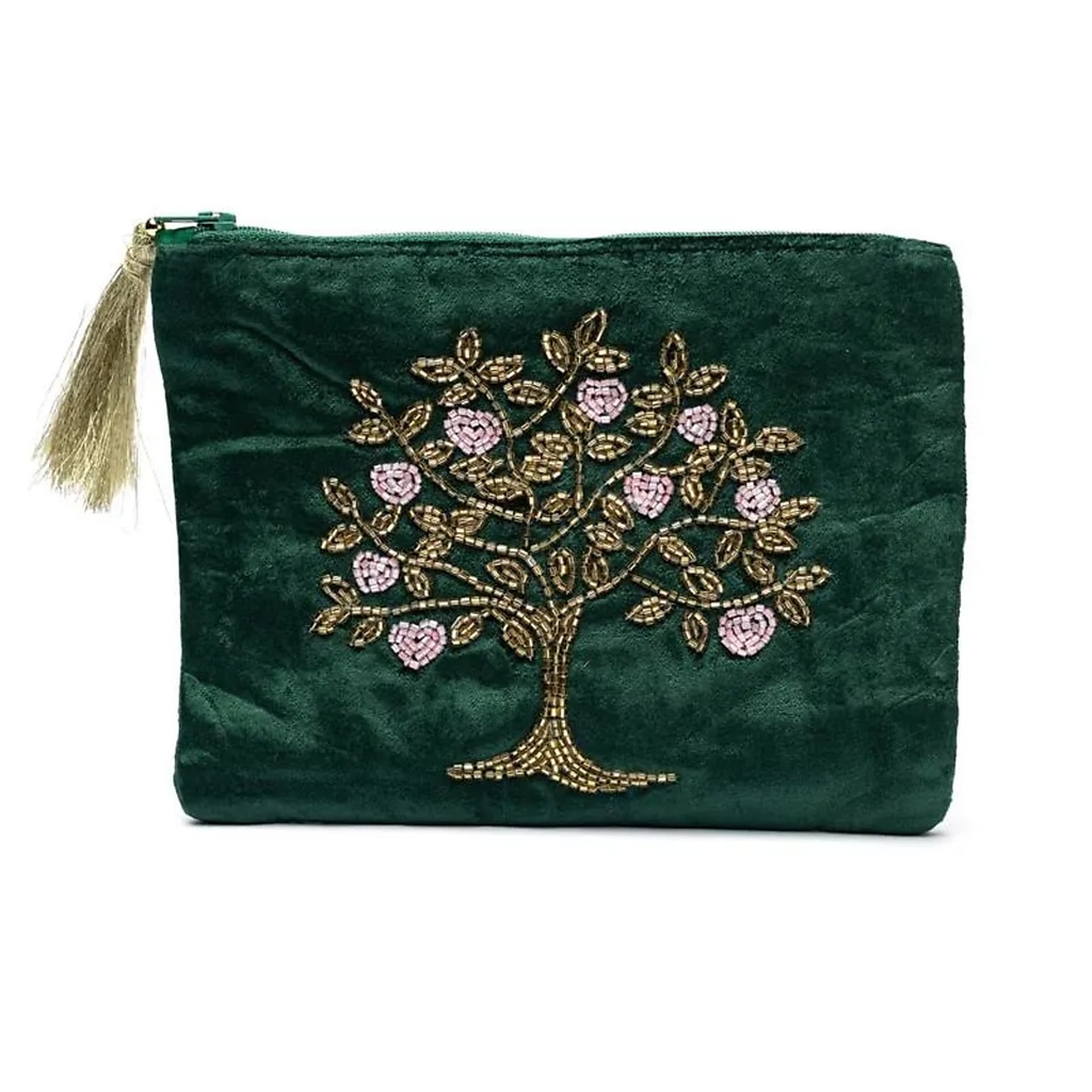 Pochette zippée en velours vert avec Arbre de Vie et cœurs -- 20x15 cm