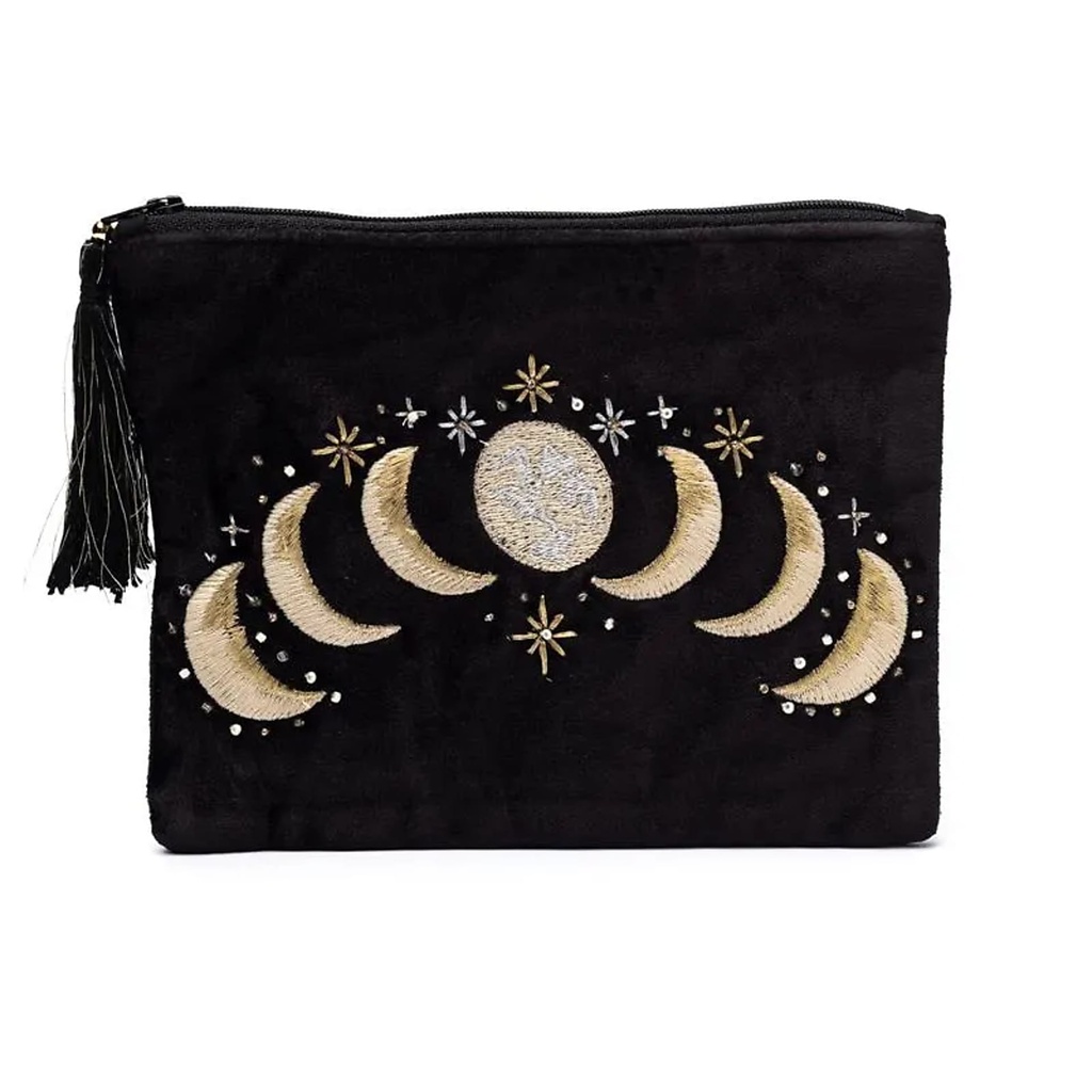 Pochette zippée en velours noir avec phases lunaires -- 20x15 cm