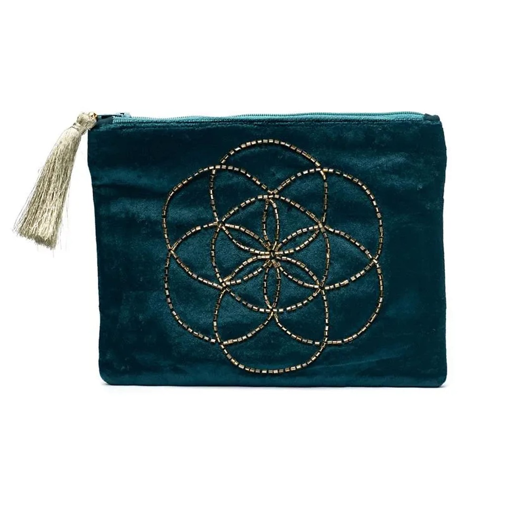 Pochette zippée en velours pétrole avec Graine de Vie -- 20x15 cm