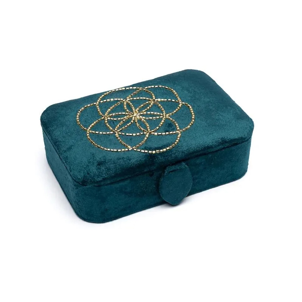 Coffret à bijoux / tarot velours pétrole avec Graine de Vie -- 11x15,5x5 cm