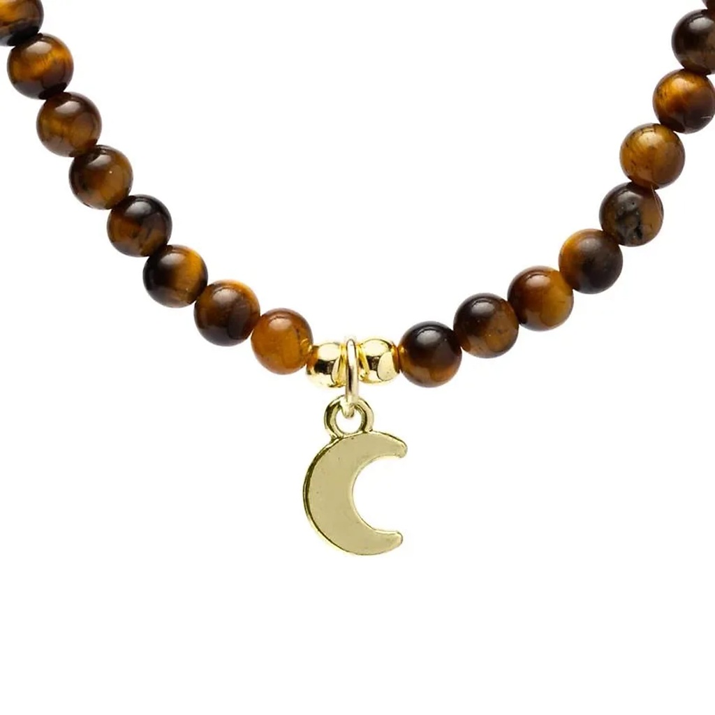 Collier ajustable Œil de tigre avec pendentif lune -- ±37 cm