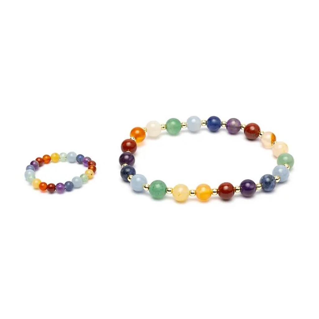 Set bracelet + bague avec perles dorées Chakras -- ±7 cm
