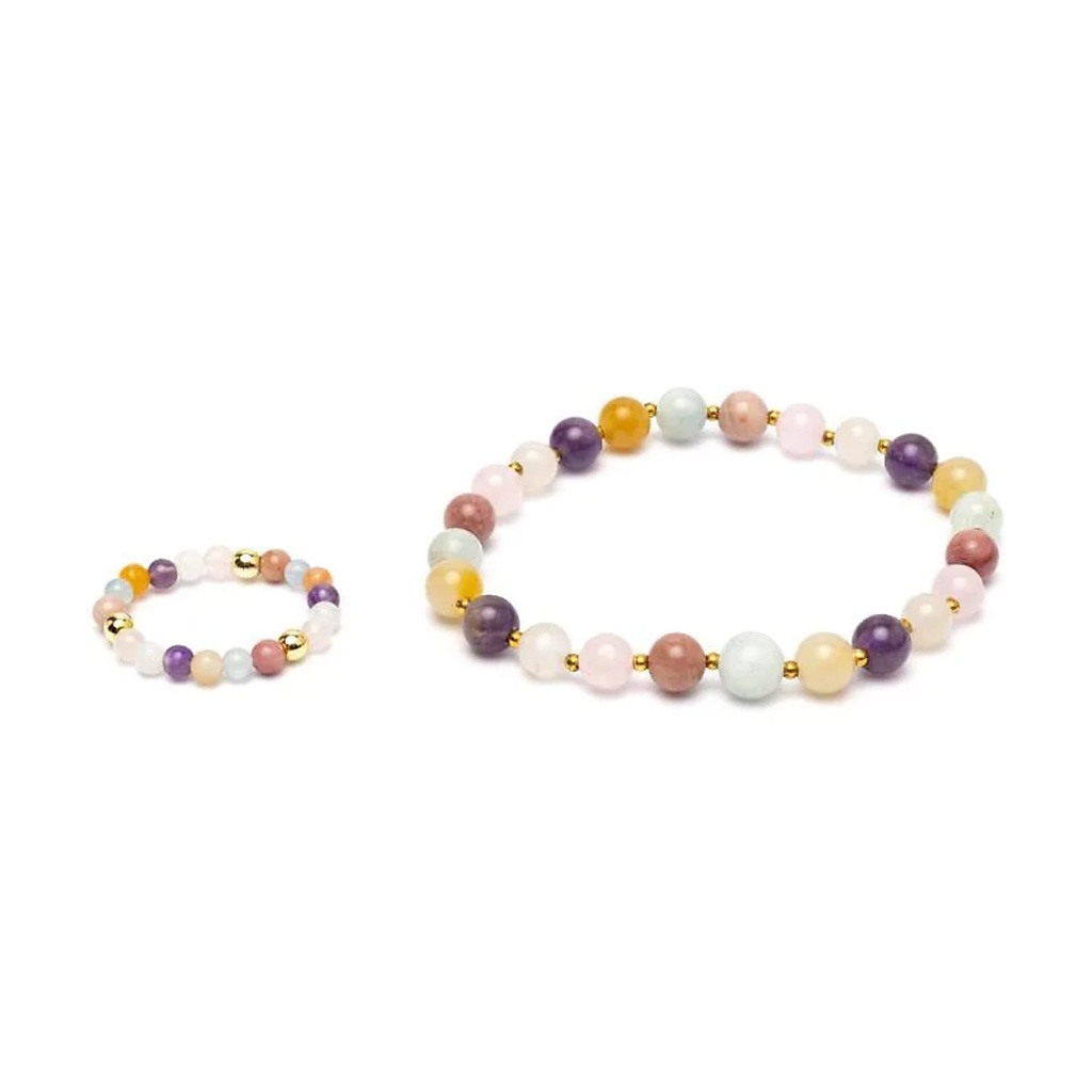 Set bracelet + bague avec perles dorées Pastel -- ±7 cm