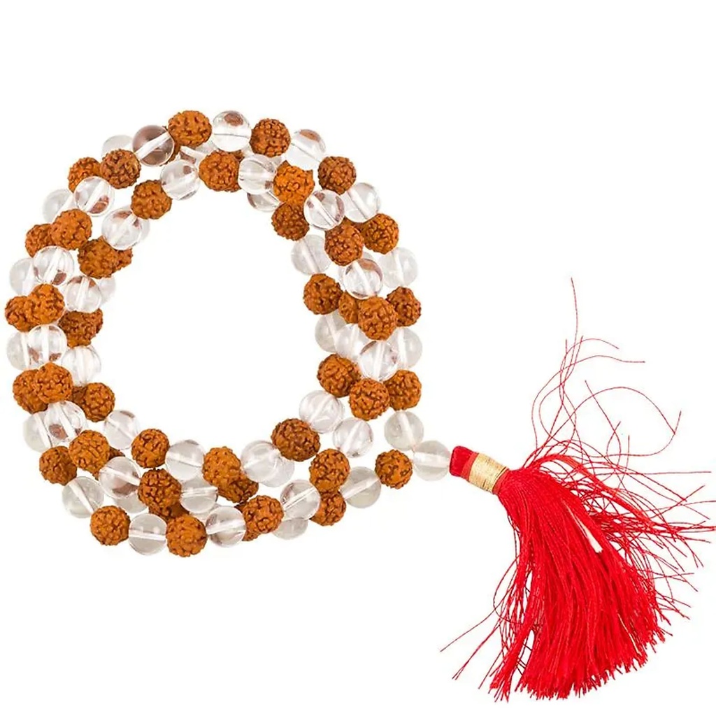 Mala Cristal de roche AA/Rudraksha 108 perles+sac | 0.8 cm