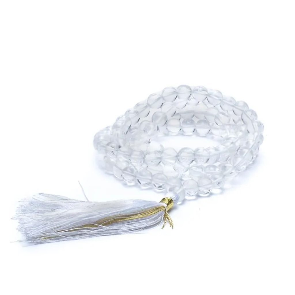 Mala Cristal de roche AA floche blanc 108perles+sac | 0.8 cm
