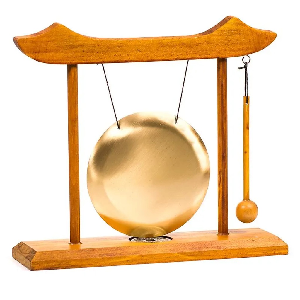 Gong de Table - structure bois rouge gong doré | 25x22 cm