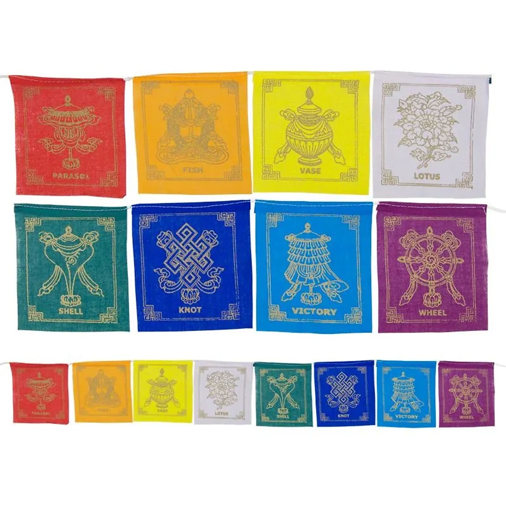 [8719075391990] Drapeaux de prière 8 symboles auspicieux | ±11x9.5 cm