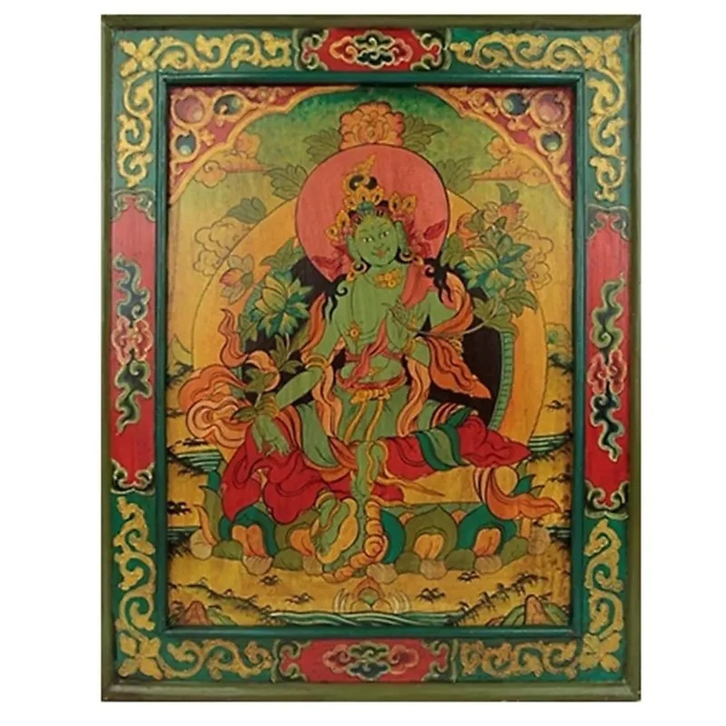 Tara Verte thangka bois peint à la main | 66x52 cm