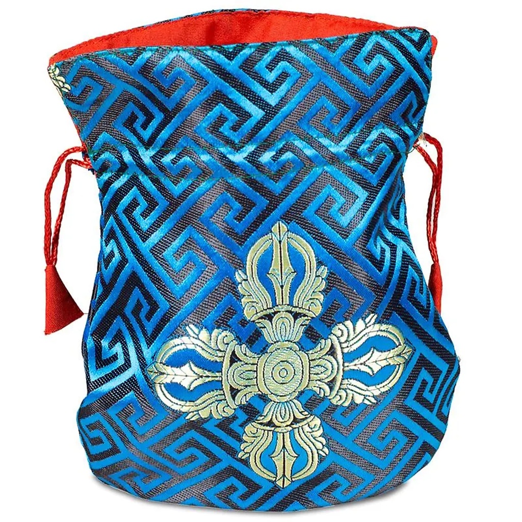 Bourse brocart bleu double dorjé doublée | 16x19 cm