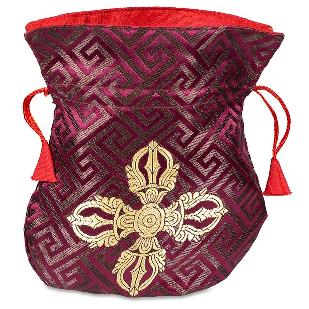 Bourse brocart bordeaux double dorjé doublée | 16x19 cm