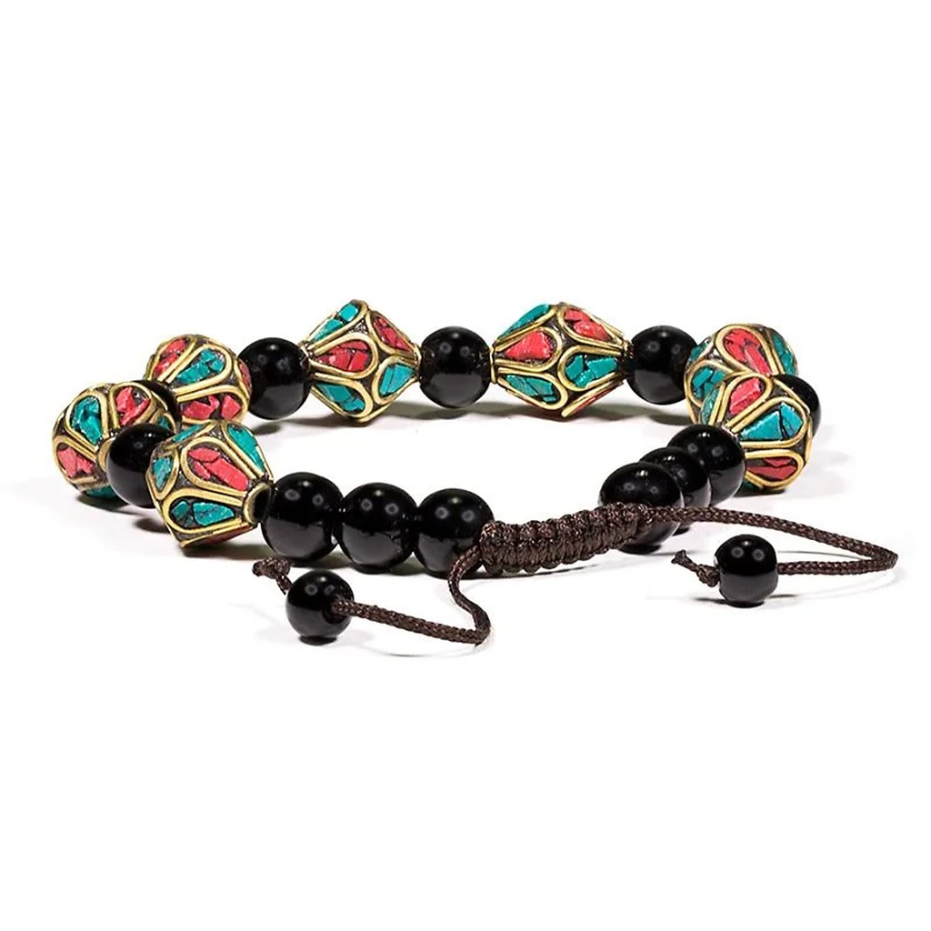 Bracelet turquoise corail et agate noir ajustable | ±7cm