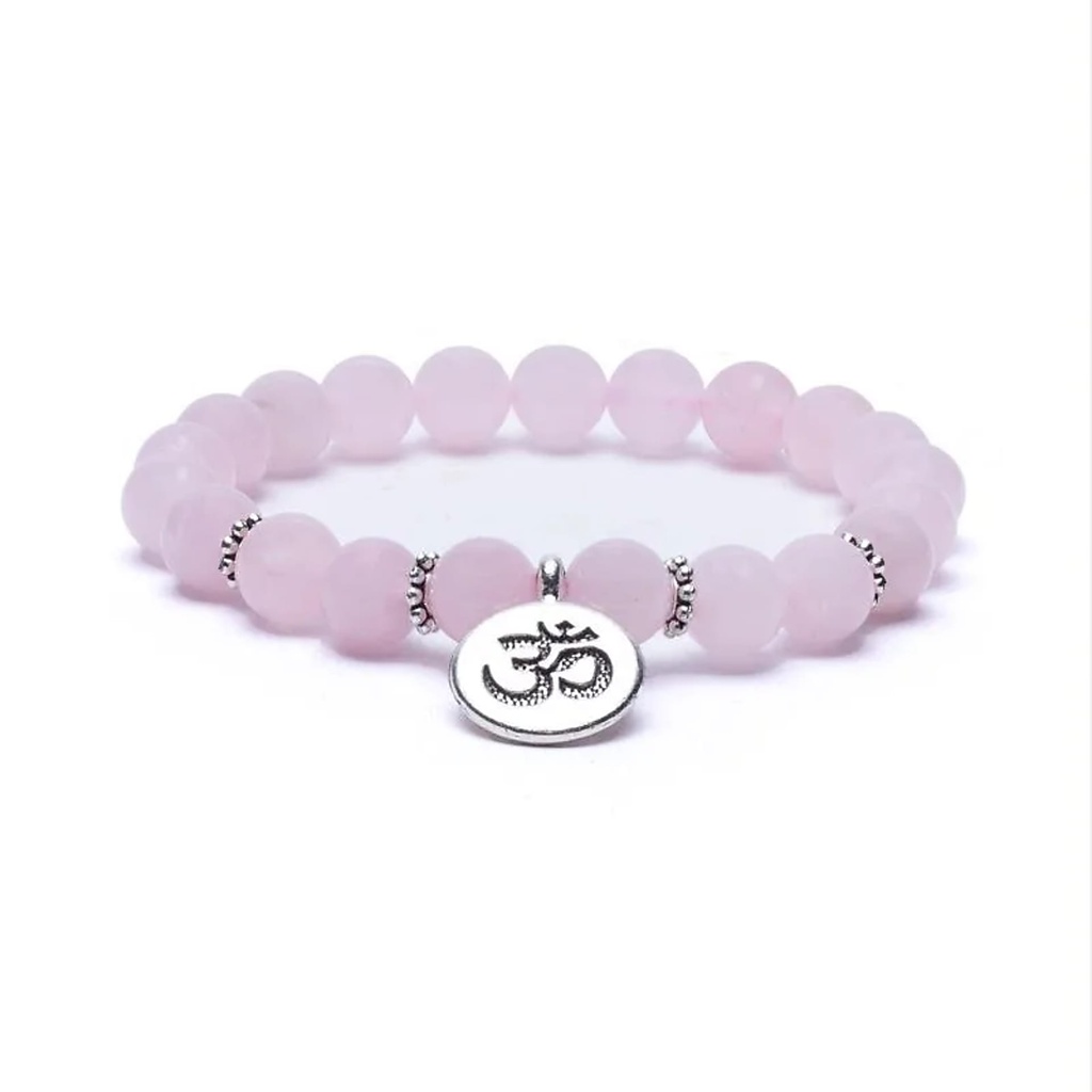 Mala /bracelet en quartz rose élastique avec Om | 0.8 cm