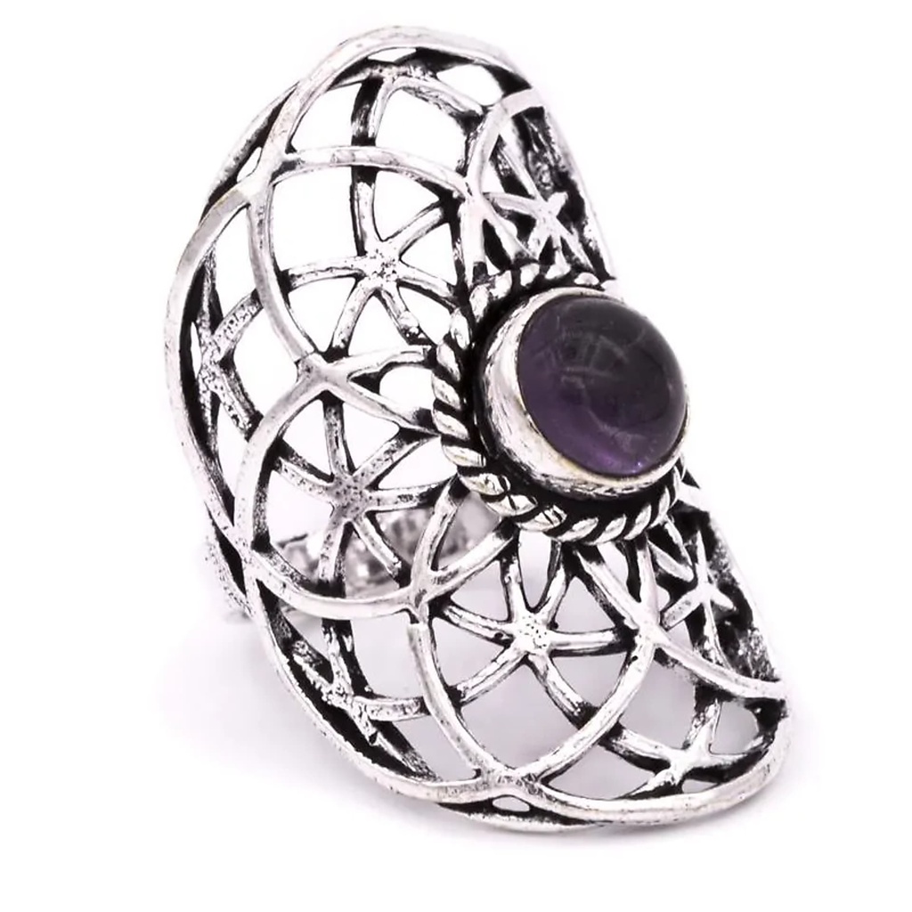 Bague graine de vie couleur argent améthyste | 3.6x2.2 cm
