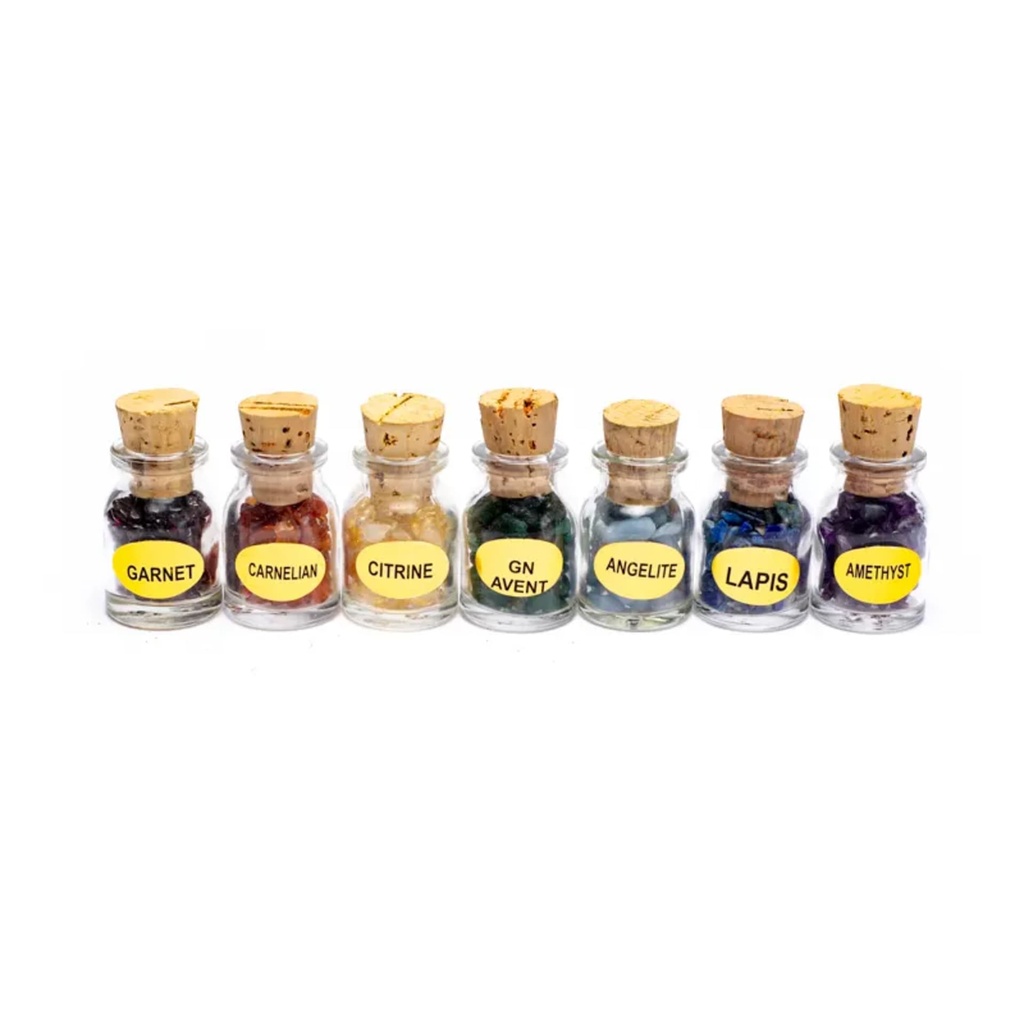 7 bouteilles cadeaux pierres des Chakra -- 23x6.5 cm