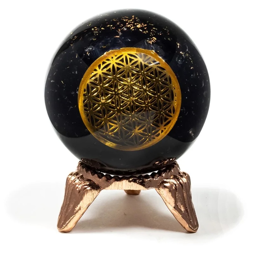 Sphère d'orgonite tourmaline et fleur de vie -- 5 cm