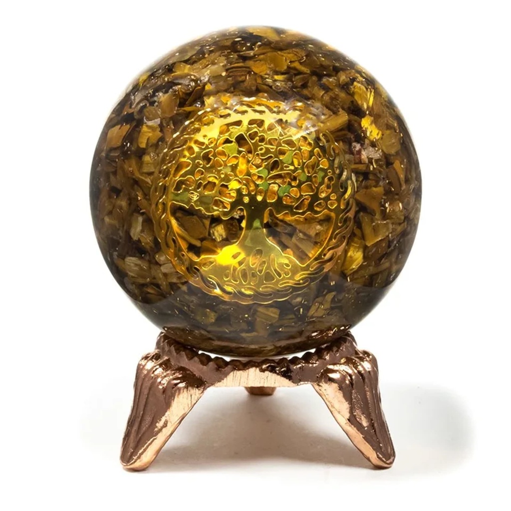 Sphère d'orgonite oeil du tigre et arbre de vie -- 5 cm
