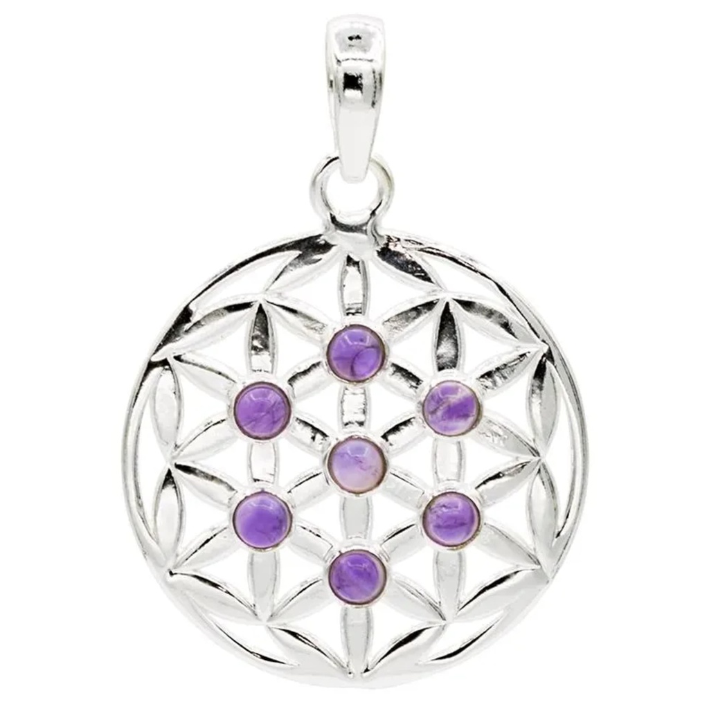 Fleur de vie pendentif en argent 925 avec améthyste -- 3 cm