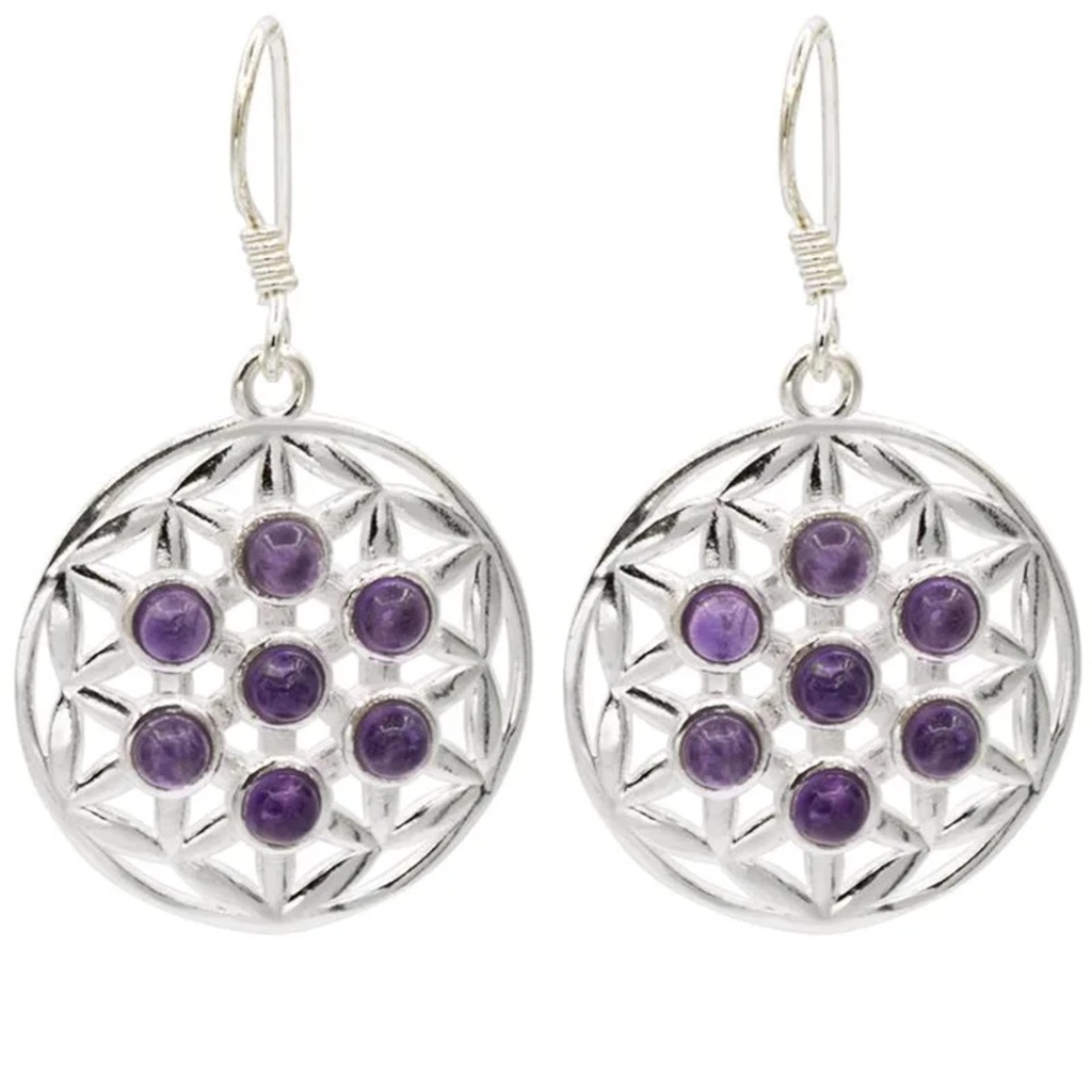 Boucles d'oreilles fleur de vie Argent 925 avec améthyste -
