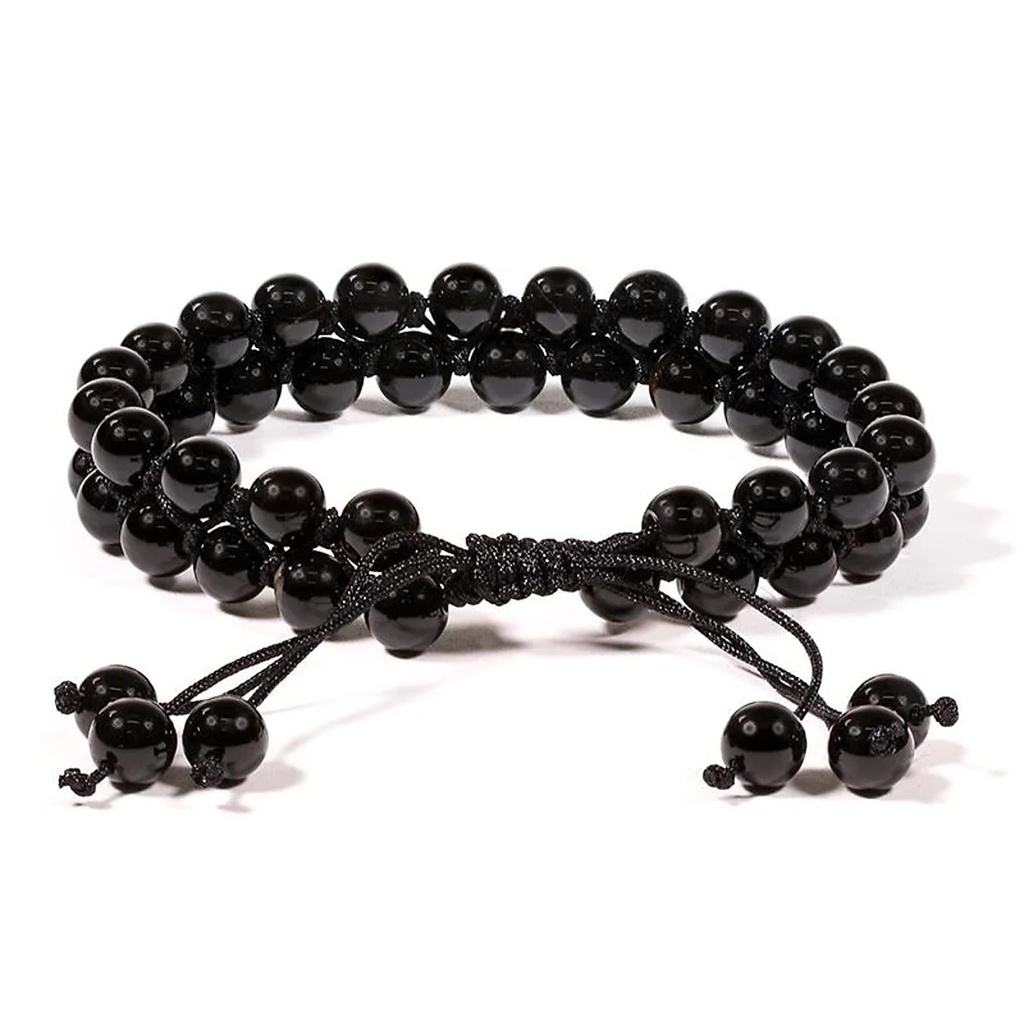 Bracelet Agate noire double fil ajustable | 0.6 cm