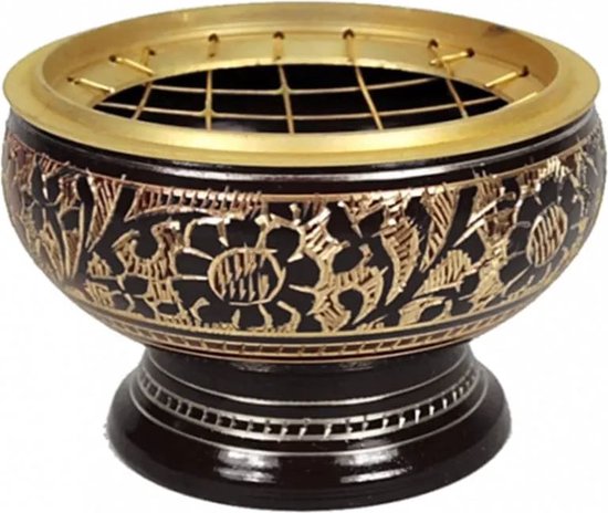 Brûle encens en laiton + assiette terre cuite -- 6.5x4.5 cm