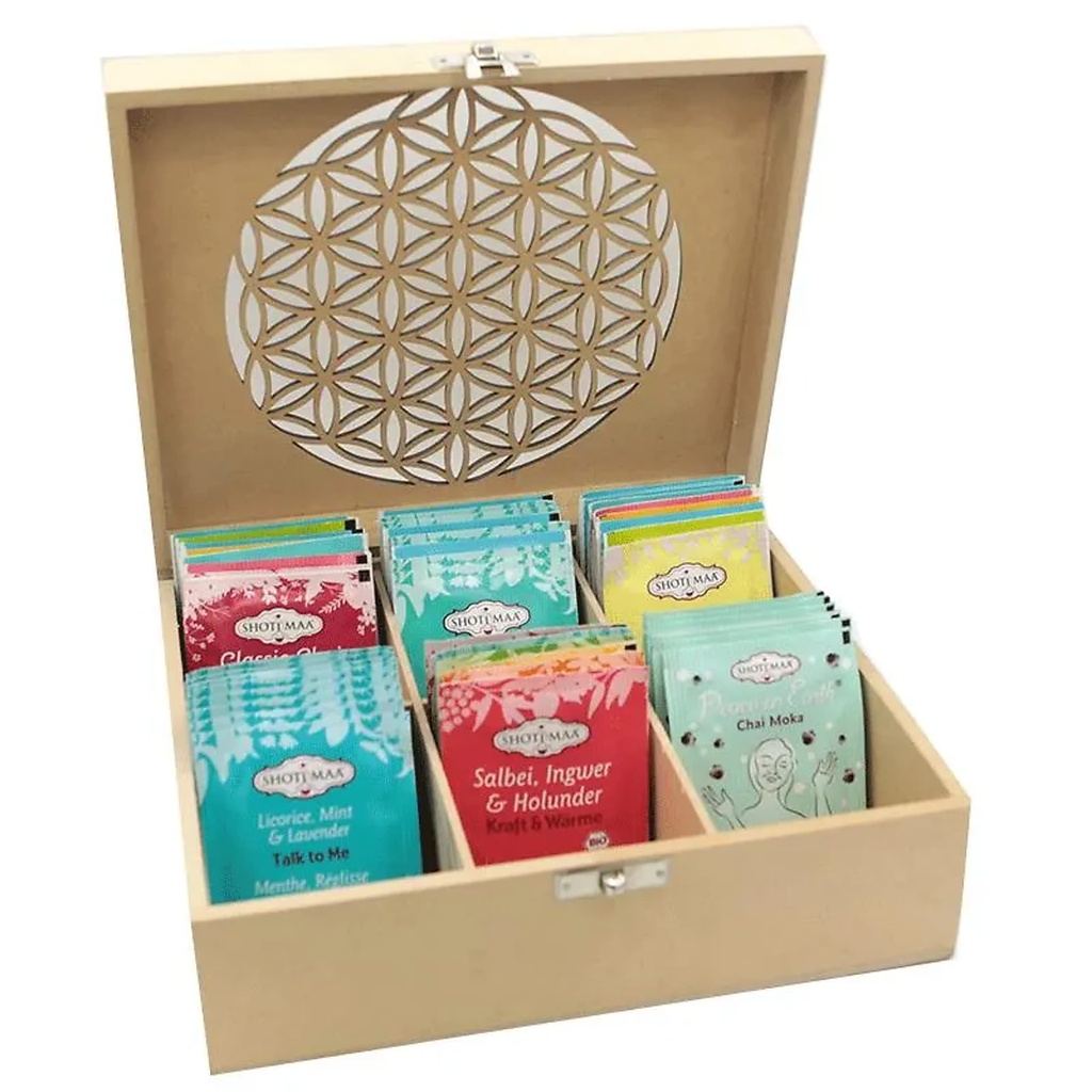 Set: Boîte à thé avec 6x assortiment de thé Shoti Maa BIO | 22x18x8 cm